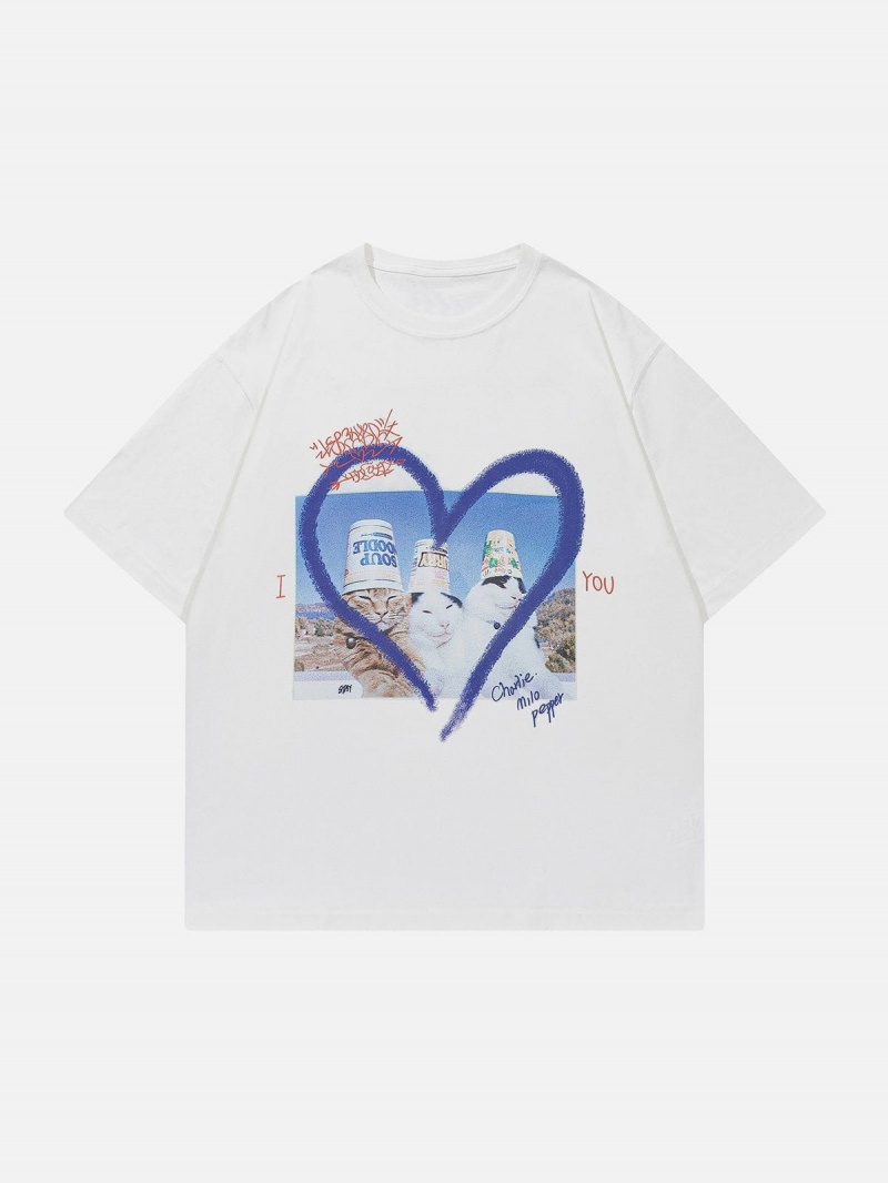 Bleu  T Shirts Aelfric Eden Heart Cat Print Tee - BOO-4840390